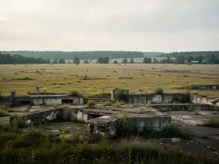 Weite, brachliegende Grasflächen auf dem ehemaligen Flugplatzgelände Pütnitz unter einem bewölkten Himmel. - Foto: über boerse-global.de