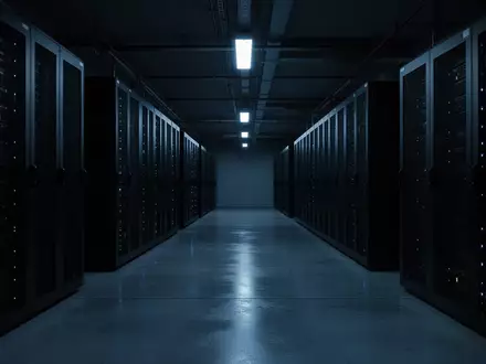 Ein dunkler, minimalistischer Serverraum mit unbeleuchteten Server-Racks und kühler, atmosphärischer Beleuchtung. - Foto: über boerse-global.de