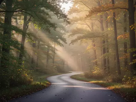 Ein gewundener asphaltierter Weg durch einen sonnendurchfluteten Wald im Herbst bei Morgendämmerung. - Foto: über boerse-global.de