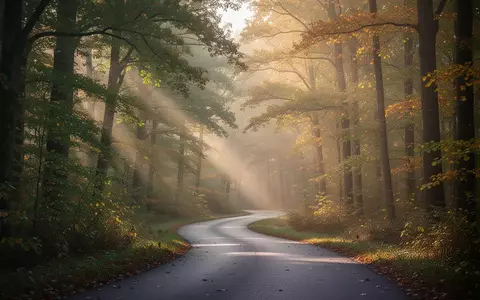 Ein gewundener asphaltierter Weg durch einen sonnendurchfluteten Wald im Herbst bei Morgendämmerung. - Foto: über boerse-global.de