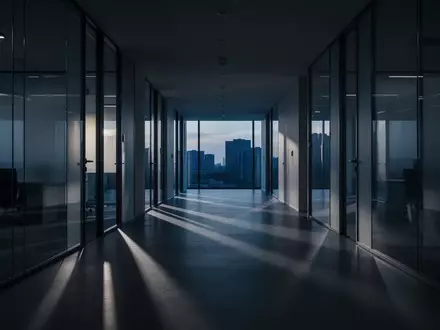 Ein minimalistischer Büroflur mit langen Schatten bei Dämmerung, der eine Atmosphäre von Anonymität und Gefahr vermittelt. - Foto: über boerse-global.de