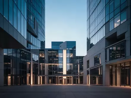 Moderne Architektur eines Finanzdistrikts in der Dämmerung, die die systemische Stabilität des Bankensektors symbolisiert. - Foto: über boerse-global.de