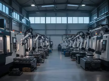 Eine moderne, weitläufige Industriehalle mit unbesetzten, hochpräzisen Fertigungsmaschinen bei Dämmerlicht. - Foto: über boerse-global.de