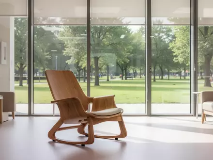 Ein heller, minimalistischer Aufenthaltsraum in einer modernen Pflegeeinrichtung mit großen Fenstern und Blick ins Grüne. - Foto: über boerse-global.de