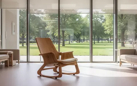 Ein heller, minimalistischer Aufenthaltsraum in einer modernen Pflegeeinrichtung mit großen Fenstern und Blick ins Grüne. - Foto: über boerse-global.de