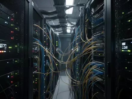 Ein moderner, schwach beleuchteter Serverraum mit leuchtenden Statusanzeigen und komplexer Verkabelung in einer Industrieumgebung. - Foto: über boerse-global.de