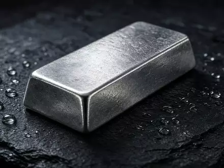 Ein einzelner Silberbarren auf einer dunklen, reflektierenden Schieferplatte mit Öltropfen in stimmungsvollem Licht. - Foto: über boerse-global.de