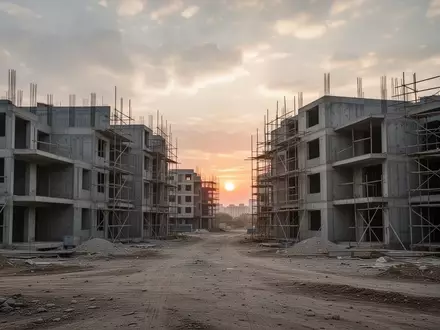 Unfertiger Wohnungsbau auf einer Baustelle bei Sonnenuntergang. - Foto: über boerse-global.de