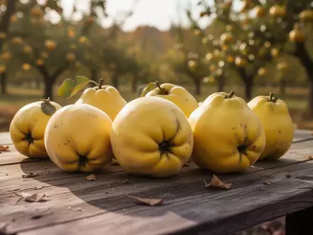Frische, goldgelbe Quitten liegen auf einem rustikalen Holztisch im herbstlichen Licht. - Foto: über boerse-global.de