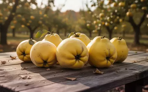 Frische, goldgelbe Quitten liegen auf einem rustikalen Holztisch im herbstlichen Licht. - Foto: über boerse-global.de