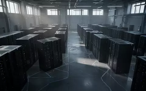Dunkle, leere Serverhalle mit langen Reihen unbeschrifteter Serverschränke in einer industriellen Umgebung. - Foto: über boerse-global.de