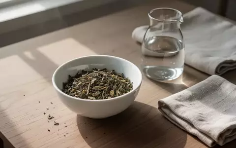 Eine Nahaufnahme von getrockneten Teeblättern in einer weißen Schale, einer Glaskaraffe mit Wasser und einem sauberen Leinentuch auf einem Holztisch. - Foto: über boerse-global.de