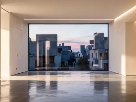 Ein minimalistischer, moderner Innenraum mit poliertem Betonboden und Blick auf eine städtische Umgebung bei Dämmerung. - Foto: über boerse-global.de