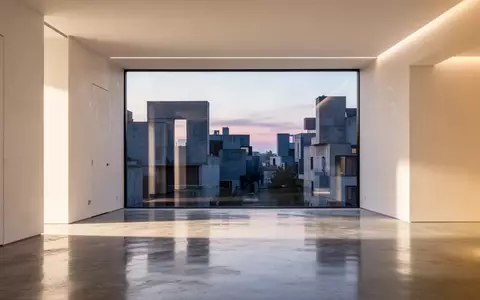 Ein minimalistischer, moderner Innenraum mit poliertem Betonboden und Blick auf eine städtische Umgebung bei Dämmerung. - Foto: über boerse-global.de