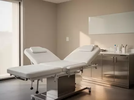 Ein ruhiges, minimalistisch eingerichtetes Behandlungszimmer in einer Arztpraxis mit medizinischer Liege und Edelstahlschrank. - Foto: über boerse-global.de