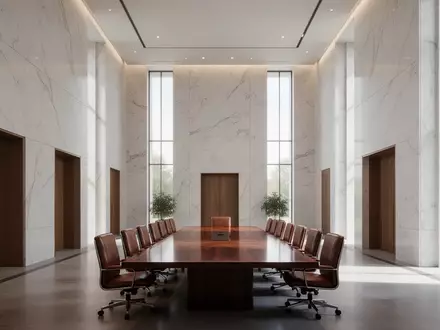 Ein minimalistischer Konferenzraum in einem Regierungsgebäude mit leerem Mahagonitisch und hellem Tageslicht. - Foto: über boerse-global.de