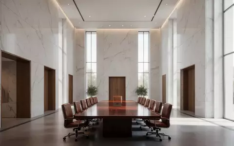 Ein minimalistischer Konferenzraum in einem Regierungsgebäude mit leerem Mahagonitisch und hellem Tageslicht. - Foto: über boerse-global.de