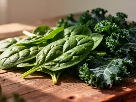 Nahaufnahme von frischem, grünem Blattgemüse wie Spinat und Grünkohl auf einem hölzernen Untergrund zur Symbolisierung der Vitamin-K-Zufuhr. - Foto: über boerse-global.de
