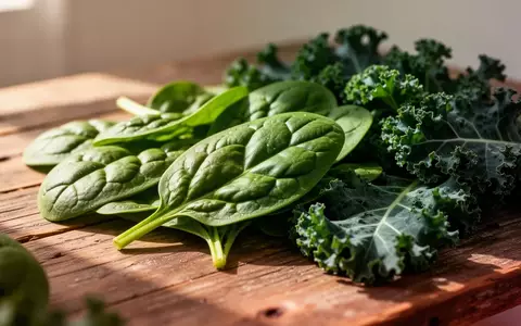 Nahaufnahme von frischem, grünem Blattgemüse wie Spinat und Grünkohl auf einem hölzernen Untergrund zur Symbolisierung der Vitamin-K-Zufuhr. - Foto: über boerse-global.de