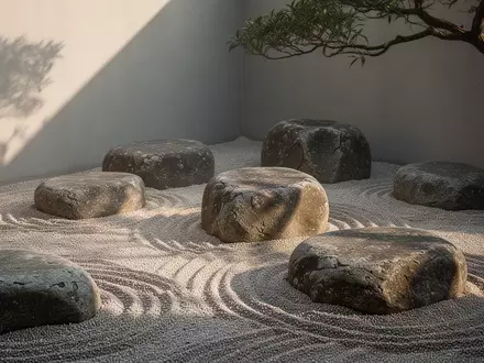 Eine minimalistische Zen-Garten-Ecke mit glatten Flusskieselsteinen auf geharktem Kies im sanften Morgenlicht. - Foto: über boerse-global.de