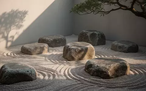 Eine minimalistische Zen-Garten-Ecke mit glatten Flusskieselsteinen auf geharktem Kies im sanften Morgenlicht. - Foto: über boerse-global.de