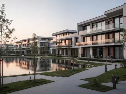 Moderne Mehrfamilienhäuser in gehobener Architektur direkt am Ufer eines Sees in der Abenddämmerung. - Foto: über boerse-global.de