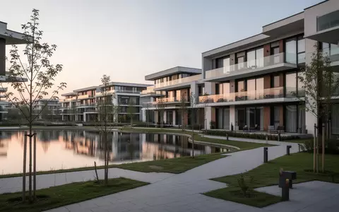 Moderne Mehrfamilienhäuser in gehobener Architektur direkt am Ufer eines Sees in der Abenddämmerung. - Foto: über boerse-global.de