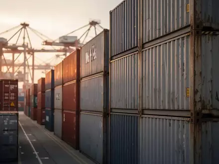 Ein moderner Containerterminal in der Abenddämmerung mit gestapelten Schiffscontainern bei natürlichem Licht. - Foto: über boerse-global.de