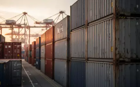Ein moderner Containerterminal in der Abenddämmerung mit gestapelten Schiffscontainern bei natürlichem Licht. - Foto: über boerse-global.de