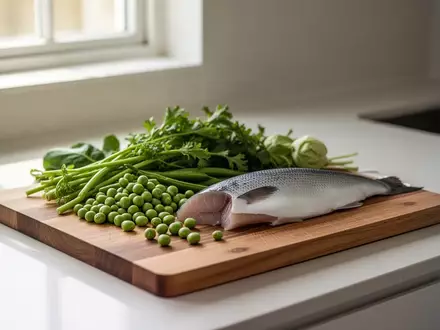 Frisches Gemüse, Hülsenfrüchte und Fisch auf einem hölzernen Schneidebrett in einer hellen Küche. - Foto: über boerse-global.de