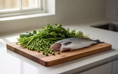Frisches Gemüse, Hülsenfrüchte und Fisch auf einem hölzernen Schneidebrett in einer hellen Küche. - Foto: über boerse-global.de
