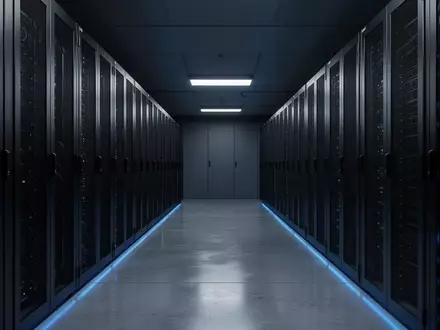 Ein moderner, in kühles blaues Licht getauchter Serverraum mit metallischen Schrankreihen in einer minimalistischen Industrieumgebung. - Foto: über boerse-global.de