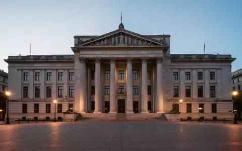 Ein imposantes, steinernes Gerichtsgebäude in der Abenddämmerung mit einem leeren Platz im Vordergrund. - Foto: über boerse-global.de