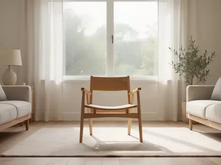 Ein heller, sonnendurchfluteter Wohnraum mit einem leeren Holzstuhl in der Mitte, der eine ruhige und einladende Atmosphäre vermittelt. - Foto: über boerse-global.de