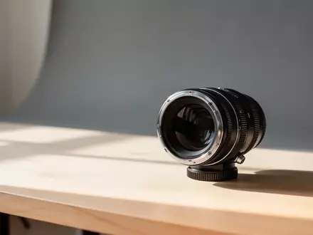 Ein hochwertiges Kameraobjektiv auf einem minimalistischen Holztisch in einem hellen Fotostudio. - Foto: über boerse-global.de
