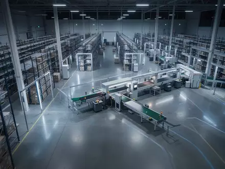Ein nächtliches, industrielles Logistikzentrum mit geordneten Regalsystemen und automatisierter Fördertechnik. - Foto: über boerse-global.de