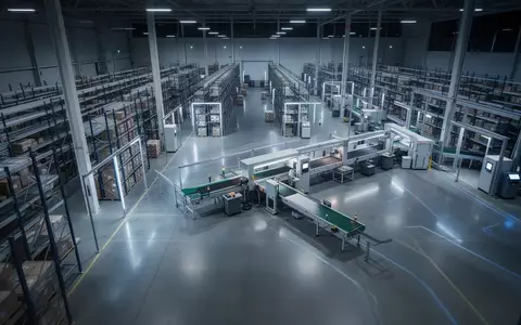 Ein nächtliches, industrielles Logistikzentrum mit geordneten Regalsystemen und automatisierter Fördertechnik. - Foto: über boerse-global.de