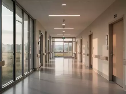 Moderner, heller Krankenhausflur in einer ländlichen Region mit großen Fensterfronten und neutraler Architektur. - Foto: über boerse-global.de