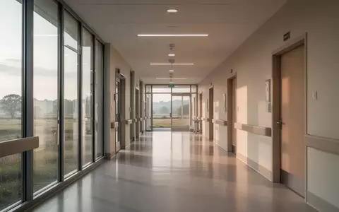 Moderner, heller Krankenhausflur in einer ländlichen Region mit großen Fensterfronten und neutraler Architektur. - Foto: über boerse-global.de