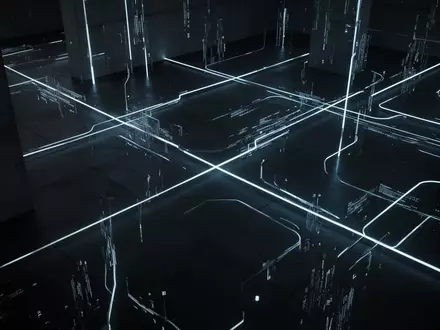 Abstrakte Darstellung digitaler Datenströme durch geometrische Lichtlinien in einem dunklen, minimalistischen Raum. - Foto: über boerse-global.de