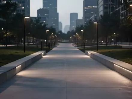 Ein minimalistischer, moderner Stadtparkweg in der Abenddämmerung mit leeren Gehwegen und weicher Beleuchtung. - Foto: über boerse-global.de