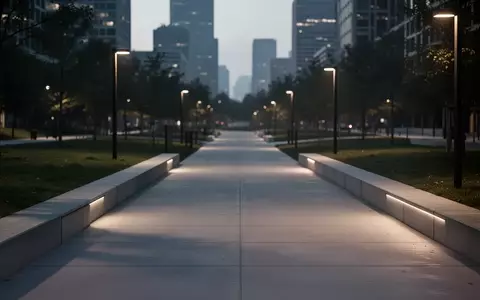 Ein minimalistischer, moderner Stadtparkweg in der Abenddämmerung mit leeren Gehwegen und weicher Beleuchtung. - Foto: über boerse-global.de