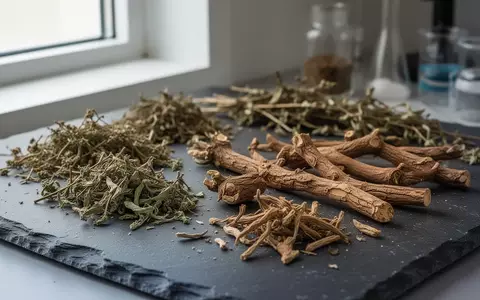 Getrocknete Heilpflanzen und Wurzeln auf einem dunklen Steintisch in einem Labor. - Foto: über boerse-global.de