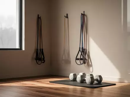 Ein minimalistischer Fitnessraum mit Widerstandsbändern und leichten Hanteln in hellem, natürlichem Licht. - Foto: über boerse-global.de