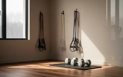 Ein minimalistischer Fitnessraum mit Widerstandsbändern und leichten Hanteln in hellem, natürlichem Licht. - Foto: über boerse-global.de
