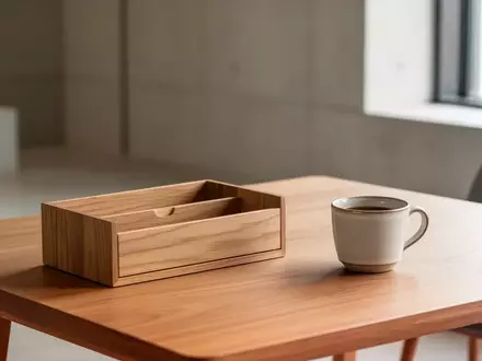 Ein minimalistischer, aufgeräumter Arbeitsplatz mit einer Kaffeetasse in einem modernen, lichtdurchfluteten Innenraum. - Foto: über boerse-global.de