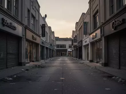 Eine menschenleere, verlassene Einkaufsstraße mit dunklen, geschlossenen Ladenfronten in der Dämmerung. - Foto: über boerse-global.de