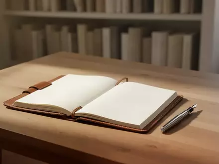 Ein schlichter Holztisch mit einem leeren Notizbuch und einem Füllfederhalter in einer ruhigen, konzentrierten Umgebung. - Foto: über boerse-global.de
