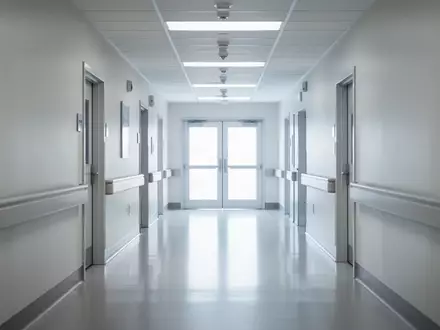 Ein heller, menschenleerer Krankenhausflur in einer modernen Klinik mit reflektierendem Boden und einer Tür am Ende. - Foto: über boerse-global.de