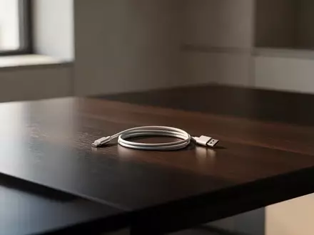 Ein minimalistischer Arbeitsplatz mit einem aufgerollten USB-C-Kabel auf einem dunklen Holztisch in natürlichem Licht. - Foto: über boerse-global.de